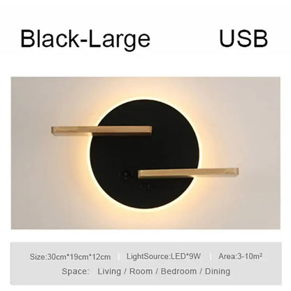 Modern black led wall lamp with wood shelves for bedroom
