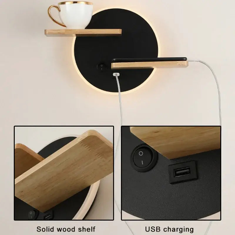 Modern black led wall lamp with wood shelves for bedroom