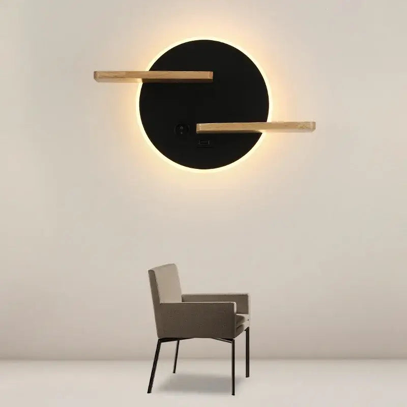 Modern black led wall lamp with wood shelves for bedroom