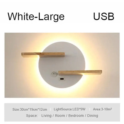 Modern black led wall lamp with wood shelves for bedroom