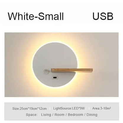 Modern black led wall lamp with wood shelves for bedroom