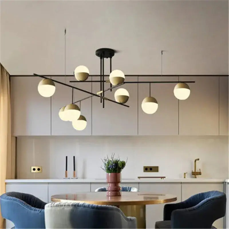 Modern black linear chandelier with glass ball shades for kitchen