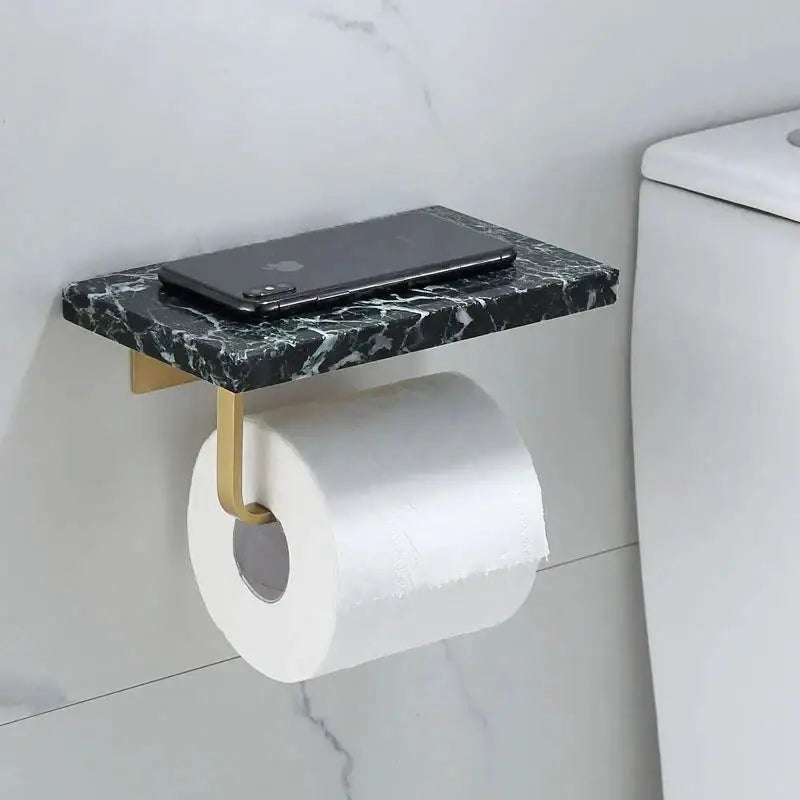 Modern black marble & gold double toilet paper holder bathroom shelf