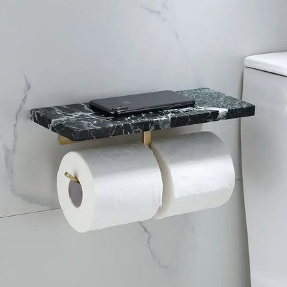 Modern black marble & gold double toilet paper holder bathroom shelf