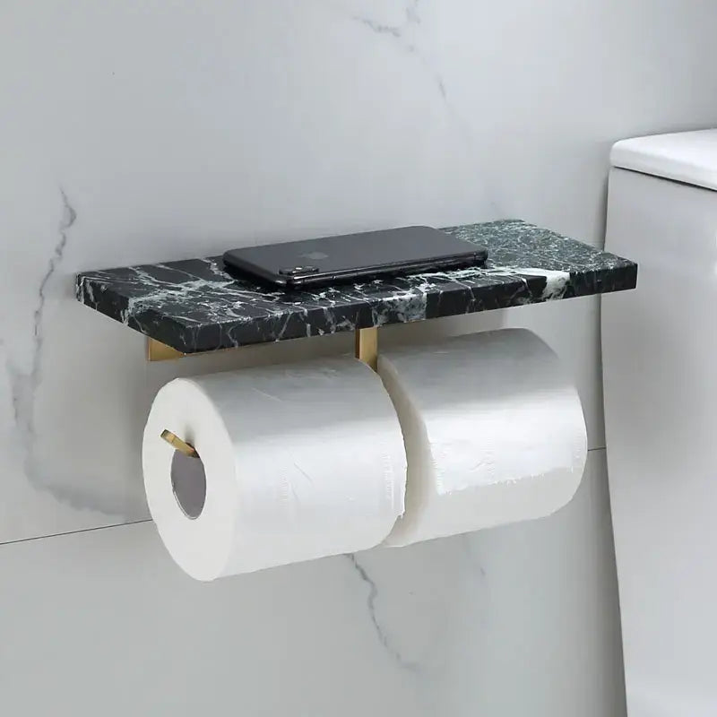 Modern black marble & gold double toilet paper holder bathroom shelf