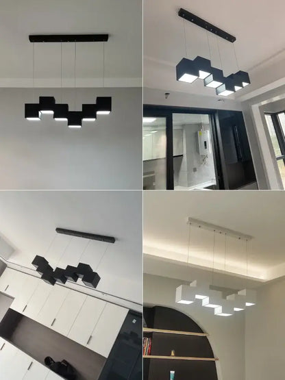 Modern black matte cube pendant lights geometric dining room