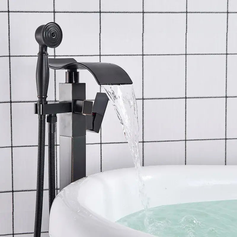 Modern black matte waterfall bathtub mixer faucet with handheld shower