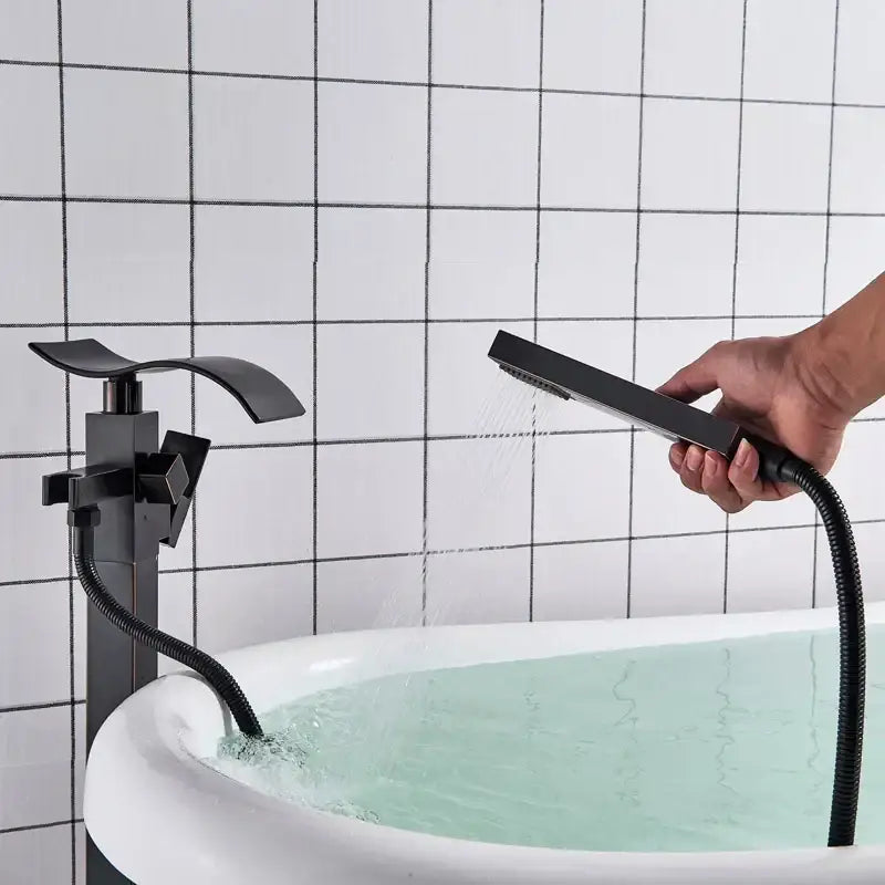 Modern black matte waterfall bathtub mixer faucet with handheld shower