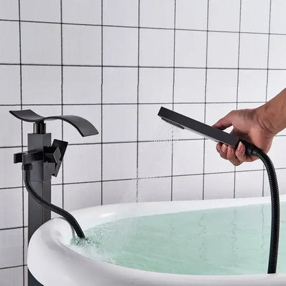 Modern black matte waterfall bathtub mixer faucet with handheld shower