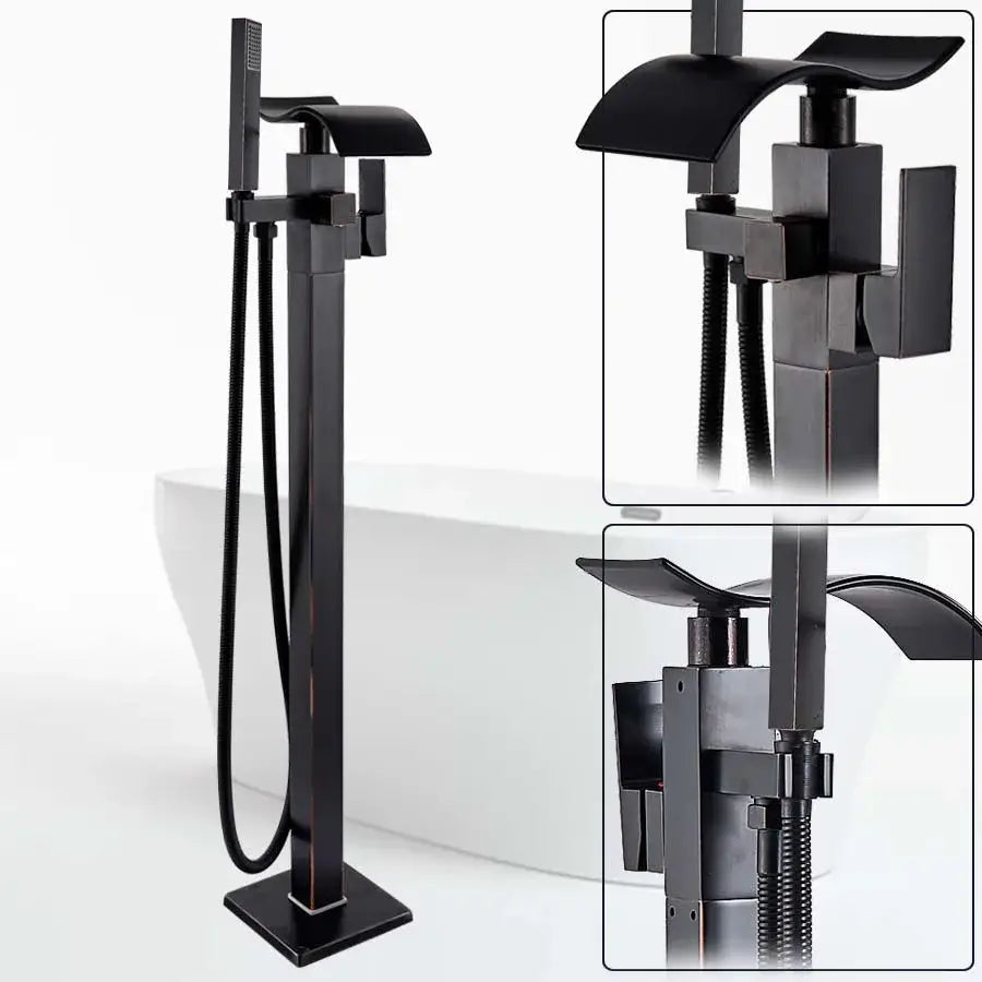 Modern black matte waterfall bathtub mixer faucet with handheld shower