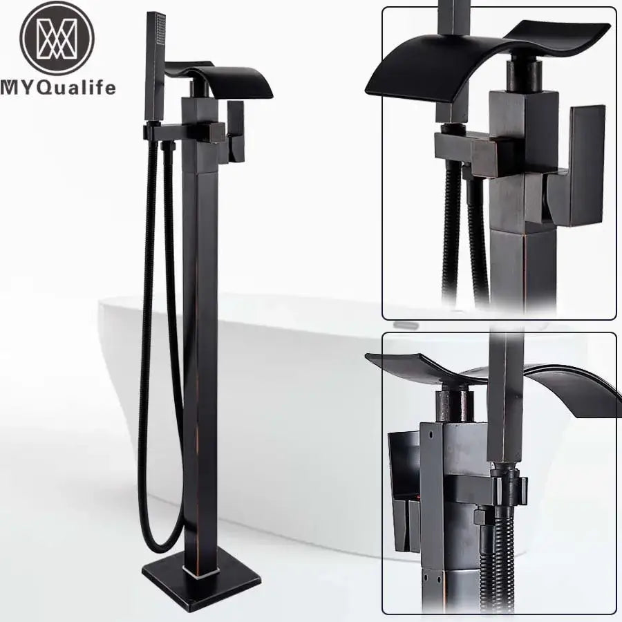 Modern black matte waterfall bathtub mixer faucet with handheld shower