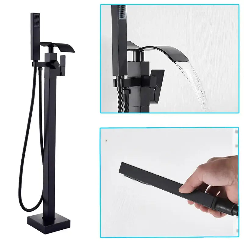 Modern black matte waterfall bathtub mixer faucet with handheld shower