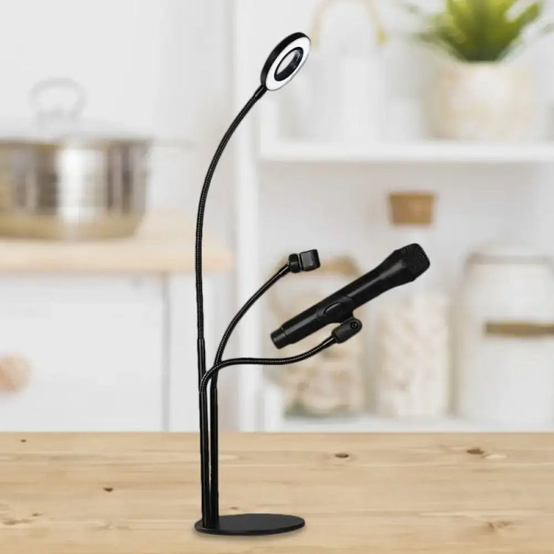 Modern black metal circular vanity light with desk phone holder bedroom