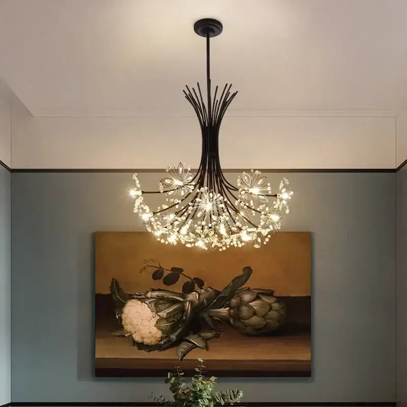 Modern black metal dandelion chandelier living room crystal light