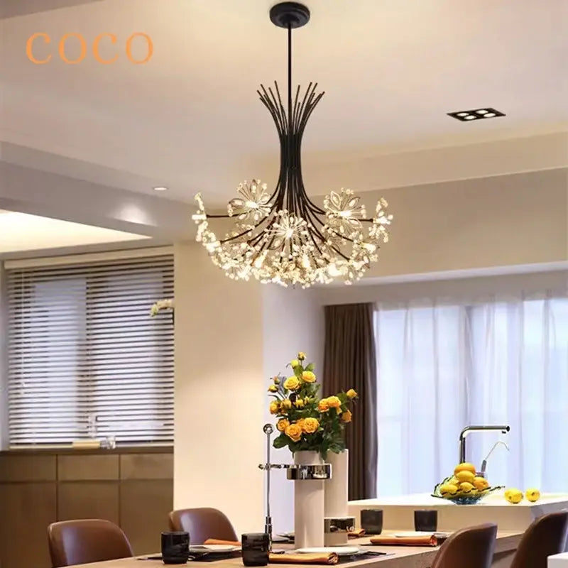 Modern black metal dandelion chandelier living room crystal light