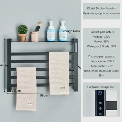 Modern black metal electric towel rack bathroom digital display