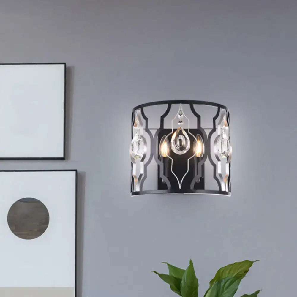 Modern black metal frame wall sconce with crystal droplets bedroom light