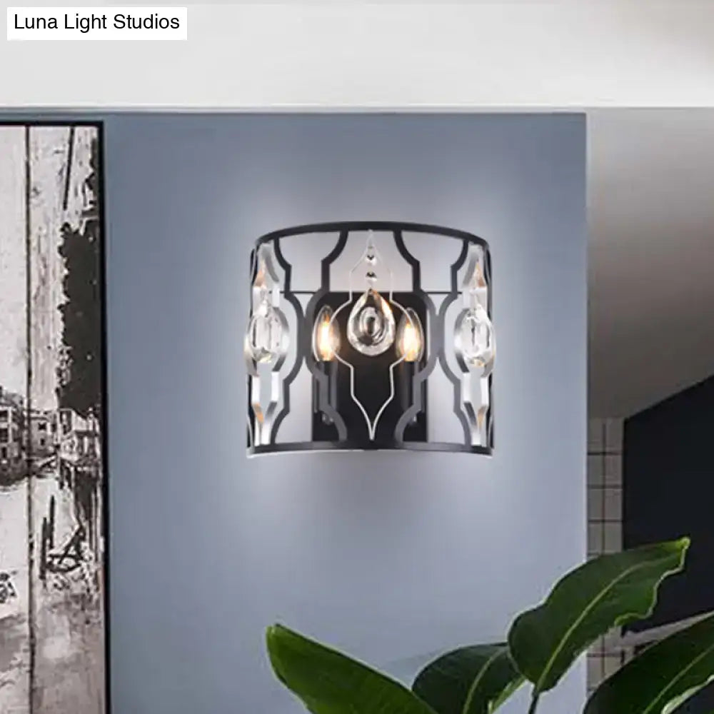 Modern black metal frame wall sconce with crystal droplets bedroom light