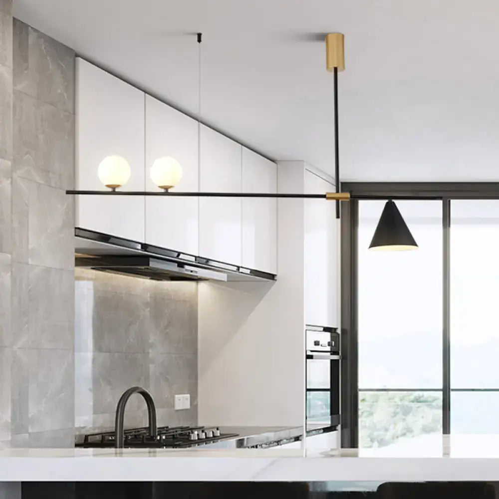 Modern black metal island lamp with opal glass shade kitchen light