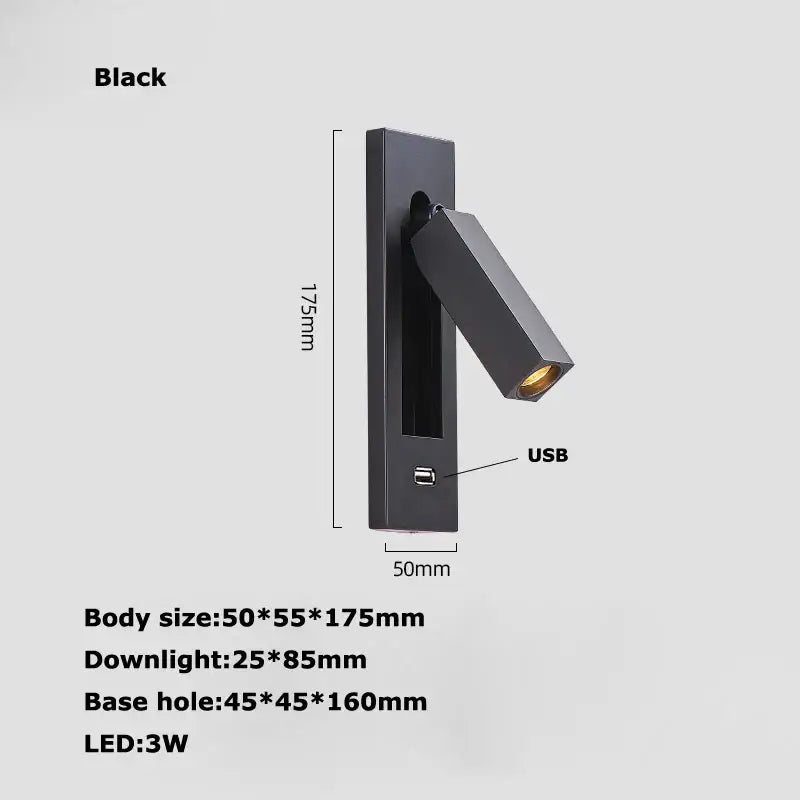 Modern black metal led wall lamp bedroom reading light with usb port
