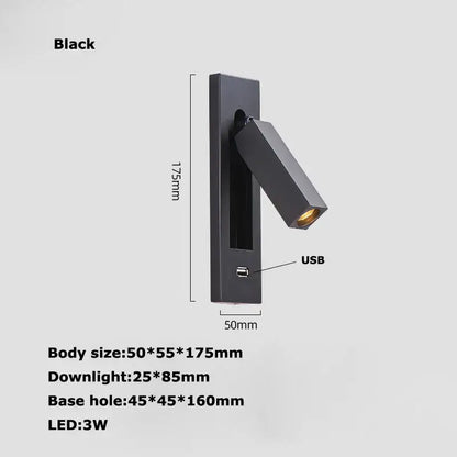 Modern black metal led wall lamp bedroom reading light with usb port