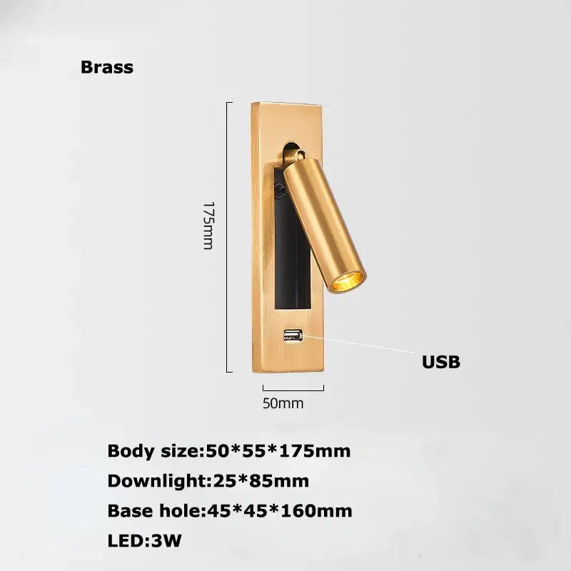 Modern black metal led wall lamp bedroom reading light with usb port