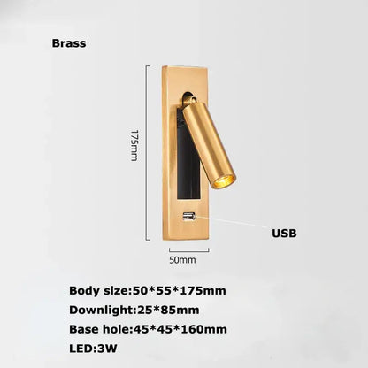 Modern black metal led wall lamp bedroom reading light with usb port
