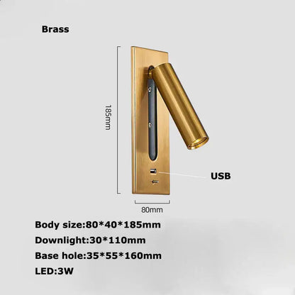 Modern black metal led wall lamp bedroom reading light with usb port