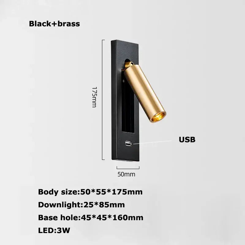 Modern black metal led wall lamp bedroom reading light with usb port