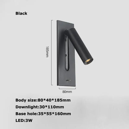 Modern black metal led wall lamp bedroom reading light with usb port