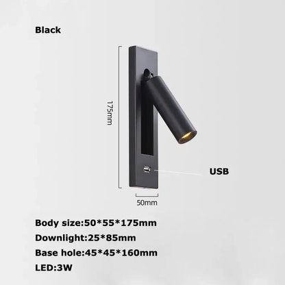 Modern black metal led wall lamp bedroom reading light with usb port