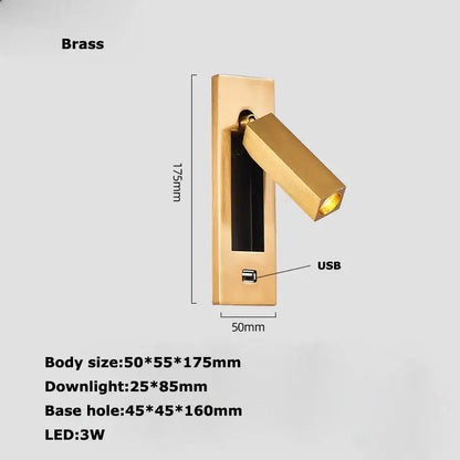 Modern black metal led wall lamp bedroom reading light with usb port
