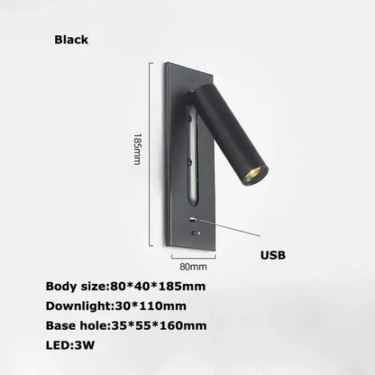 Modern black metal led wall lamp bedroom reading light with usb port