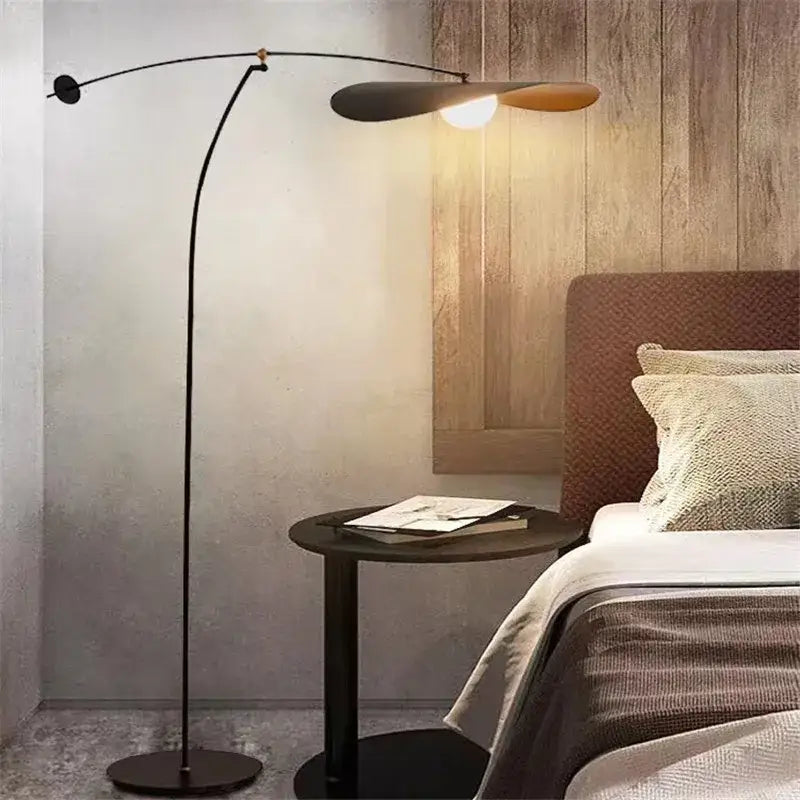 Modern black metal long arm floor lamp living room leaf shade