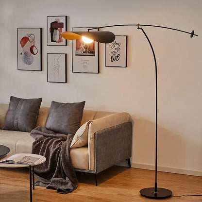 Modern black metal long arm floor lamp living room leaf shade