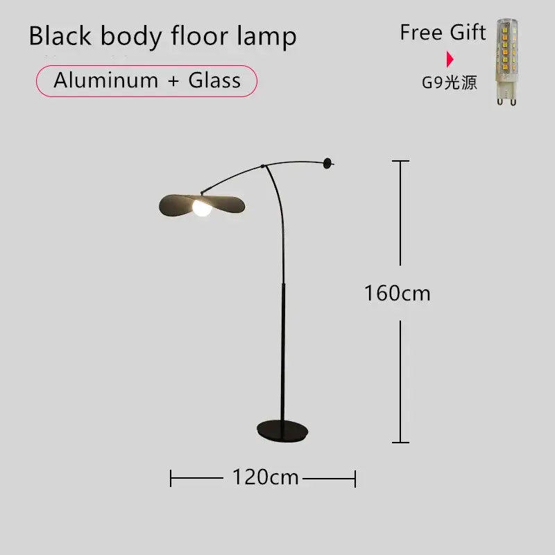 Modern black metal long arm floor lamp living room leaf shade