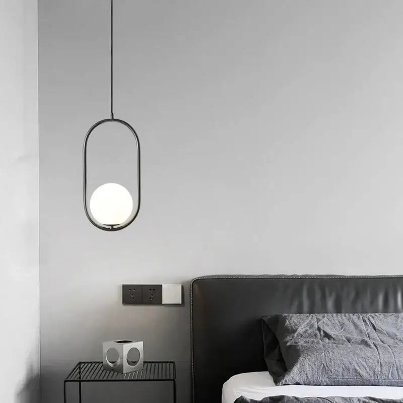 Modern black metal ring pendant light dining room glass globe shade