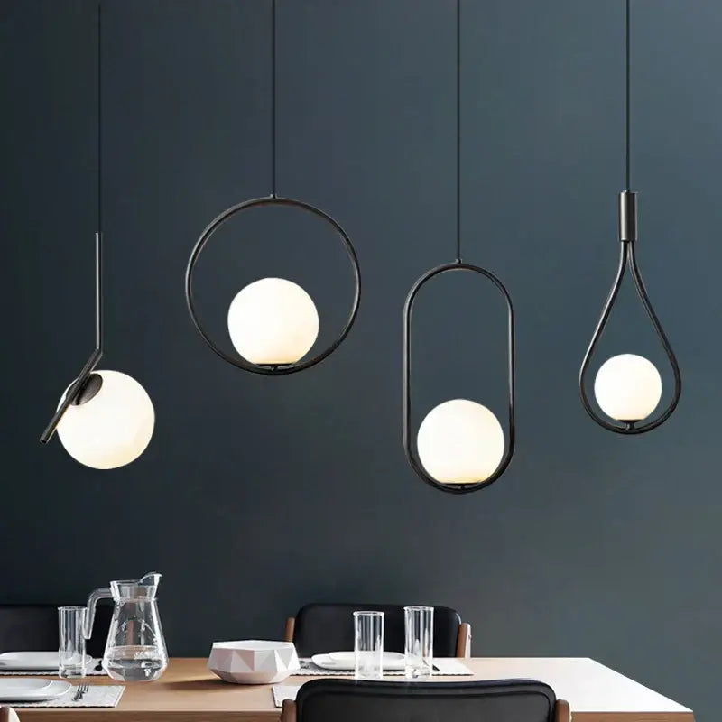Modern black metal ring pendant light dining room glass globe shade