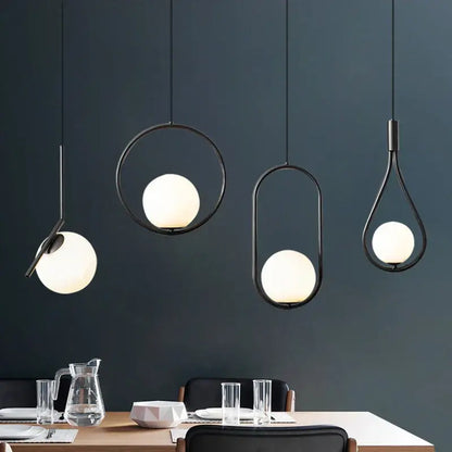 Modern black metal ring pendant light dining room glass globe shade