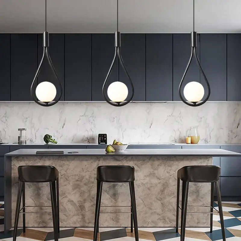 Modern black metal ring pendant light dining room glass globe shade