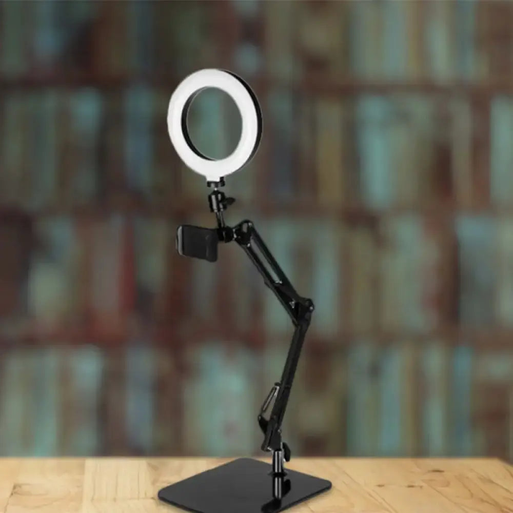 Modern black metal shade ring light with phone mount bedroom lamp