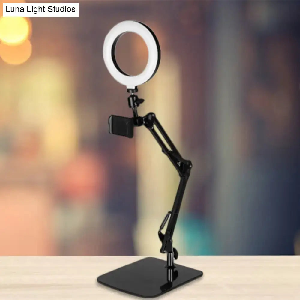 Modern black metal shade ring light with phone mount bedroom lamp