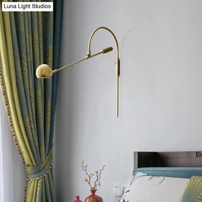 Modern black metal sphere wall sconce with curved arm bedroom light