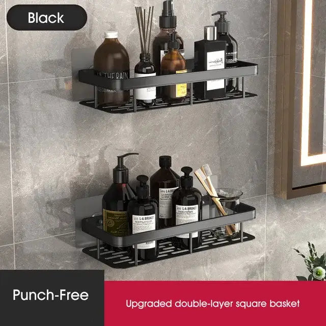 Modern black metal tiered bathroom corner shelves storage rack