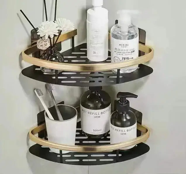 Modern black metal tiered bathroom corner shelves storage rack