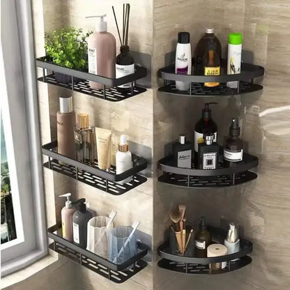 Modern black metal tiered bathroom corner shelves storage rack