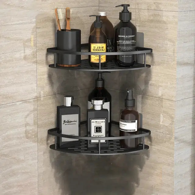 Modern black metal tiered bathroom corner shelves storage rack