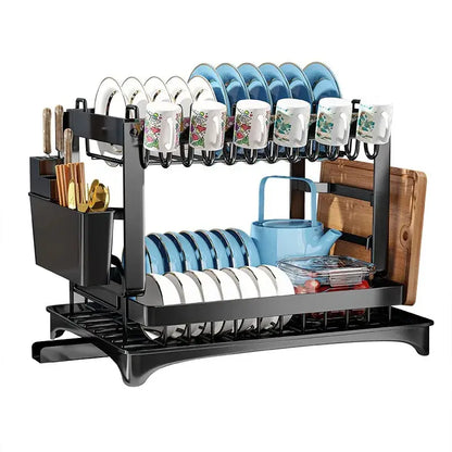Modern black metal two tier dish drainer rack – kitchen organizer