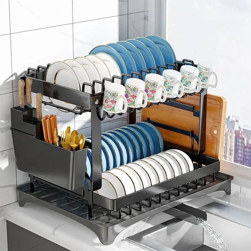 Modern black metal two tier dish drainer rack – kitchen organizer