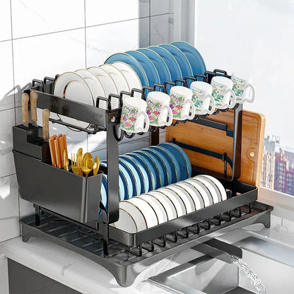 Modern black metal two tier dish drainer rack – kitchen organizer